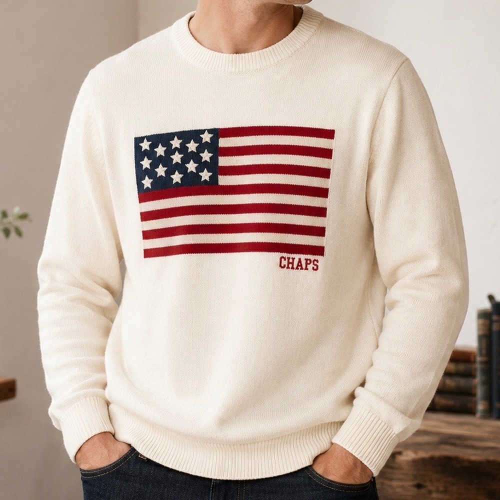 Ralph Lauren Chaps Men's American Flag Crewneck Sweater Cream Cotton Medium